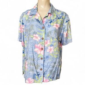 Vintage 
Sunset Cove Floral Hawaiian Button Up Short Sleeve Rayon Blouse